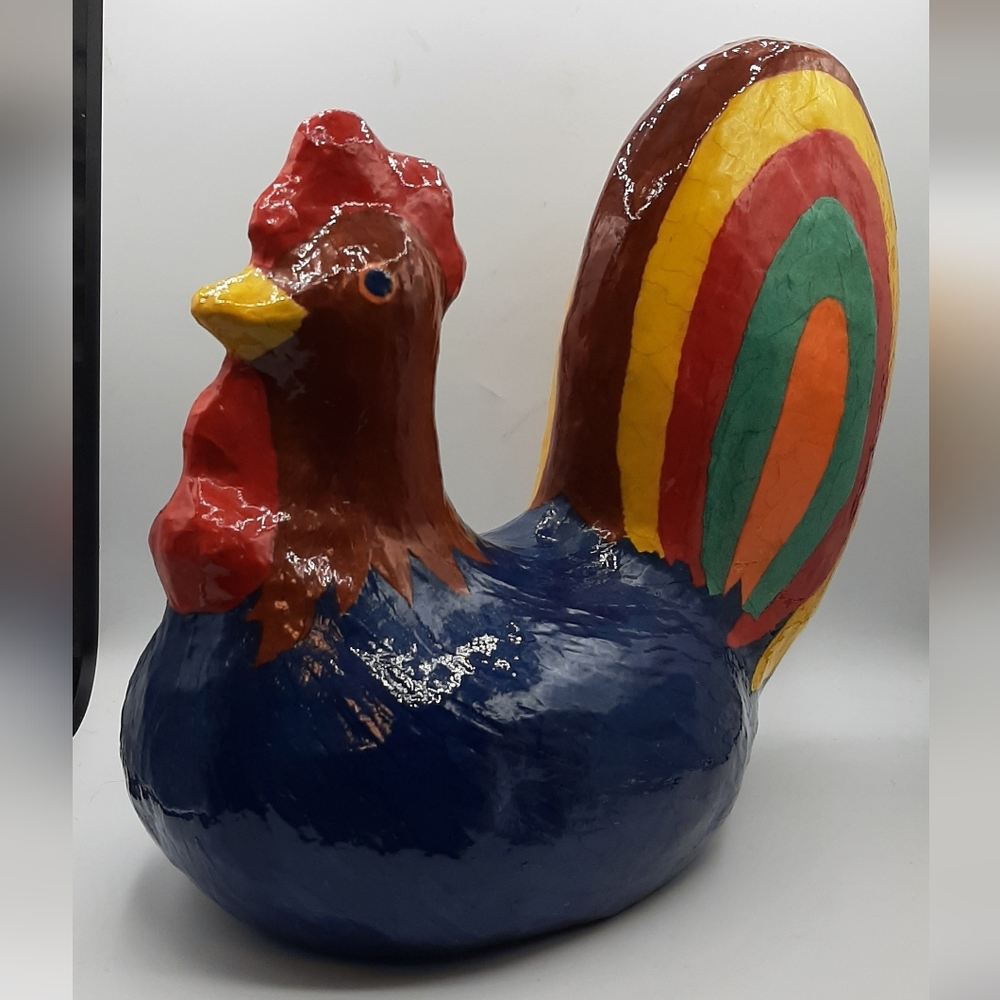 Farmhouse Rooster Paper Mache Handmade Hand Painted Home Decor 11 1/4" Tall